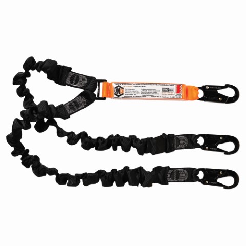 LINQ SHOCK ABSORBING WEBBING LANYARD ELASTIC DBL LEG; 3 X SNAP HOOK